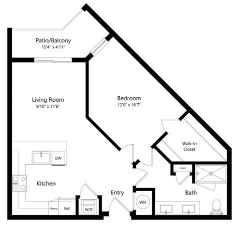 Floor plan for 1 bed, 1 bath, 861 sqft